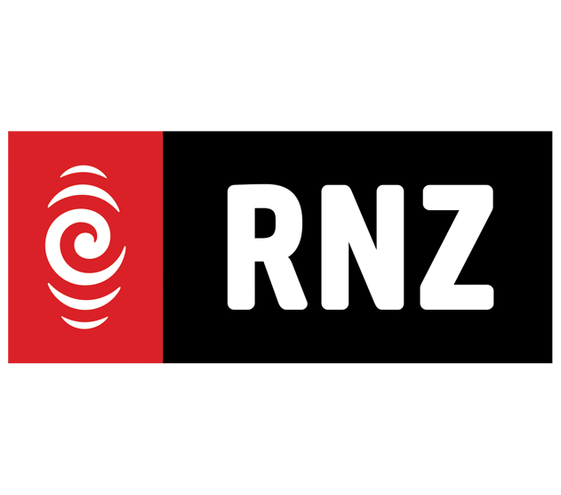 Red white and black logo for RNZ